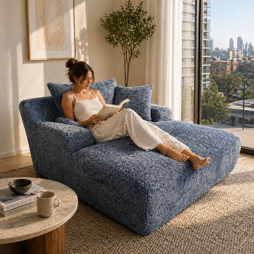 Haven Chaise Lounge Sofa – Dusty Blue Bouclé