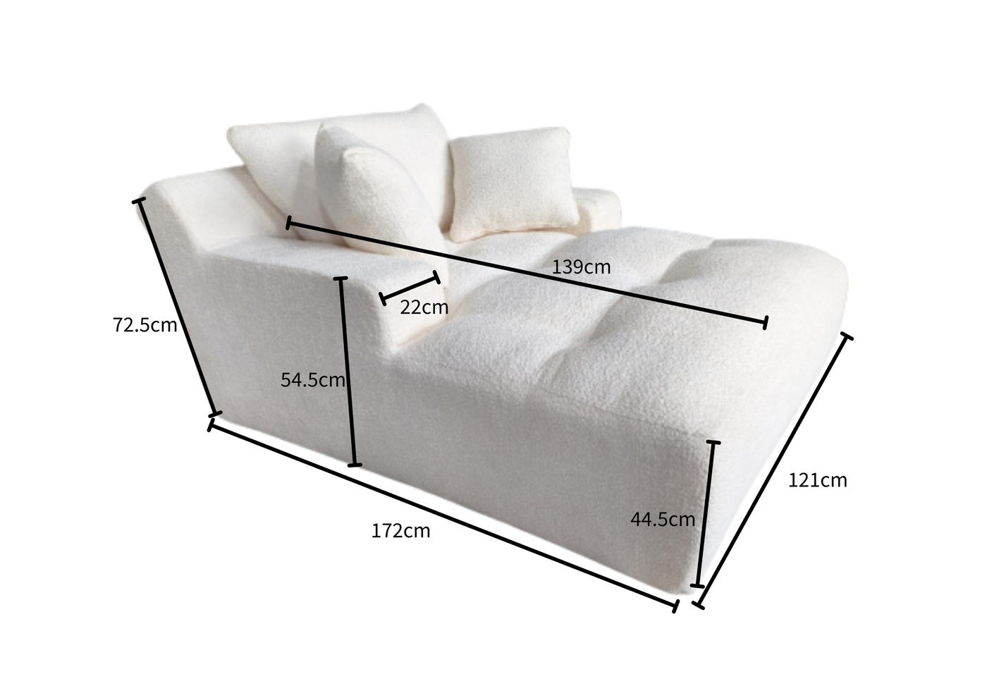 Haven Chaise Lounge Sofa – Dusty Blue Bouclé dimensions diagram 1