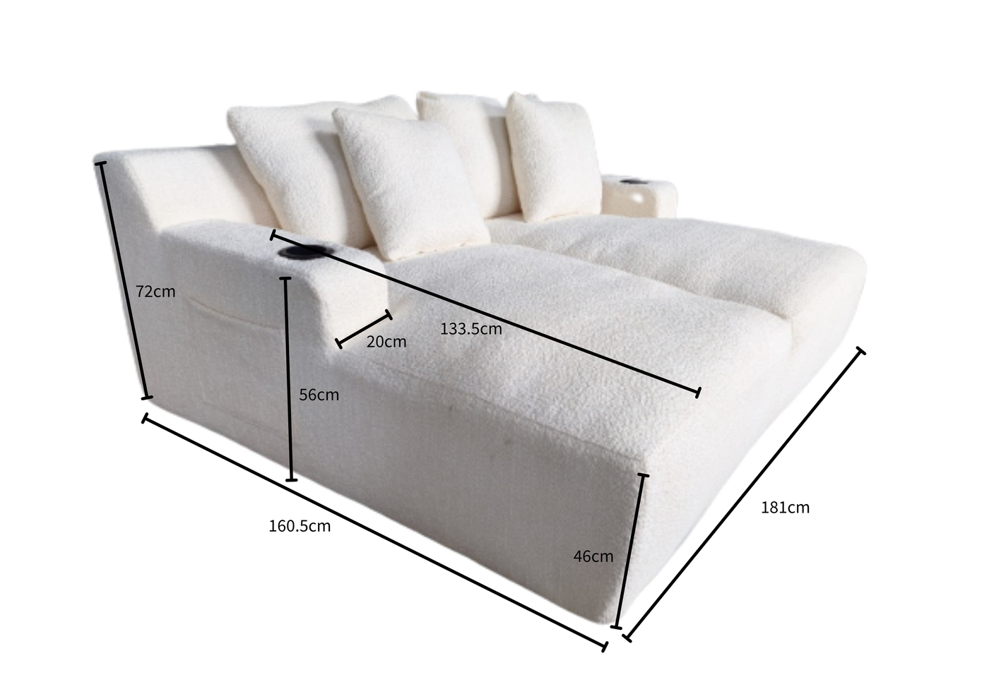 Oasis Oversized Double Chaise Lounge – Khaki Bouclé dimensions diagram 1