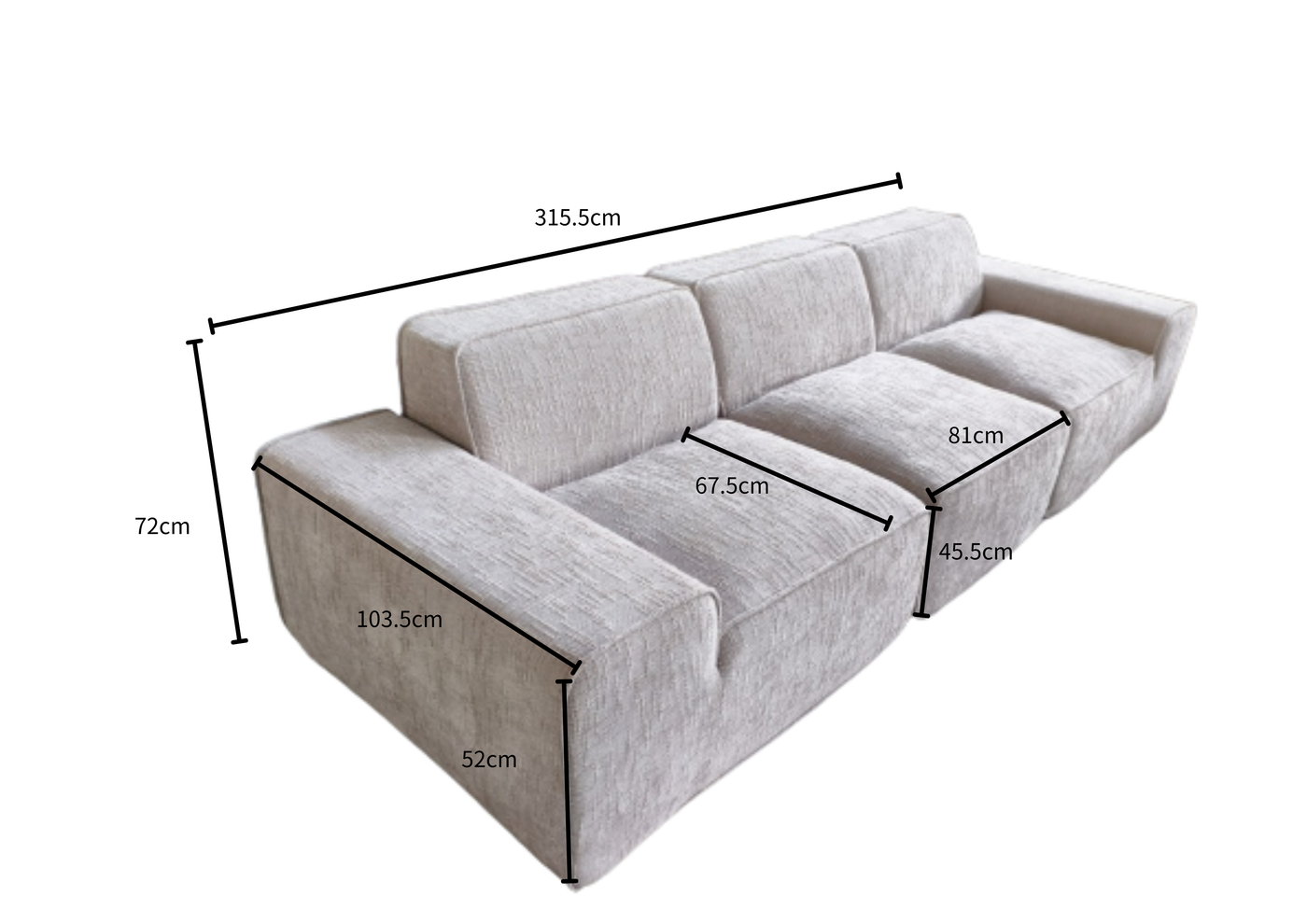 Kubus 3-Seater Sofa – Silver dimensions diagram 1