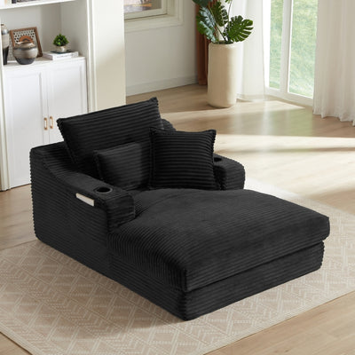 Louie Chaise Lounge Sofa with Cup Holders – Black Corduroy