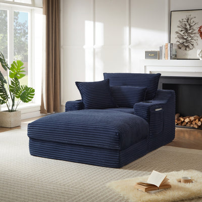 Louie Chaise Lounge Sofa with Cup Holders – Blue Corduroy