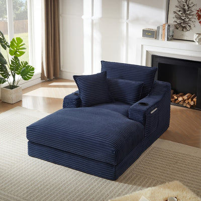 Louie Chaise Lounge Sofa with Cup Holders – Blue Corduroy