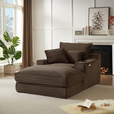 Louie Chaise Lounge Sofa with Cup Holders – Brown Corduroy