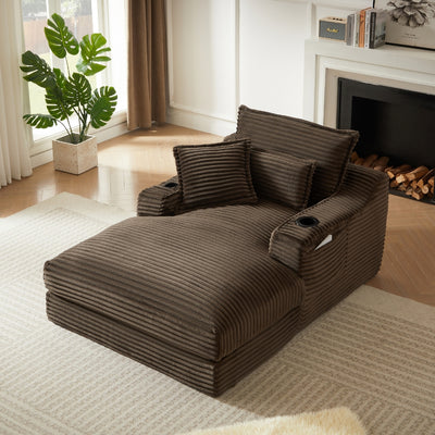 Louie Chaise Lounge Sofa with Cup Holders – Brown Corduroy