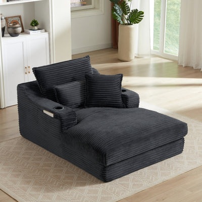 Louie Chaise Lounge Sofa with Cup Holders – Dark Grey Corduroy