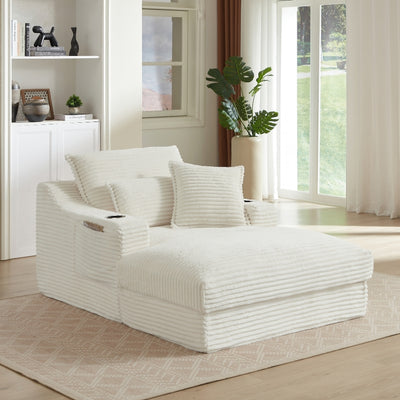Louie Chaise Lounge Sofa with Cup Holders – White Corduroy