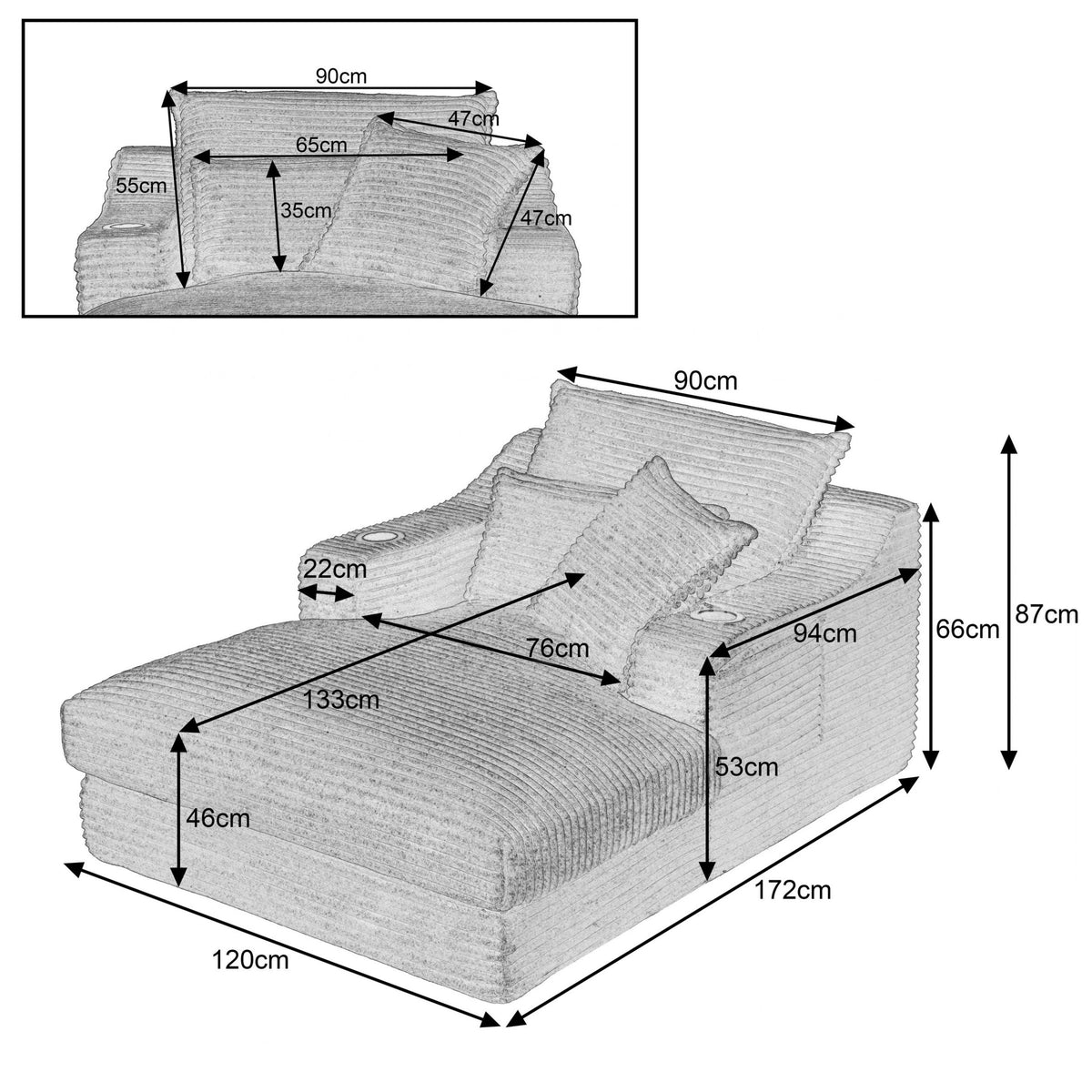 Louie Chaise Lounge Sofa with Cup Holders – Dark Grey Corduroy dimensions diagram 1
