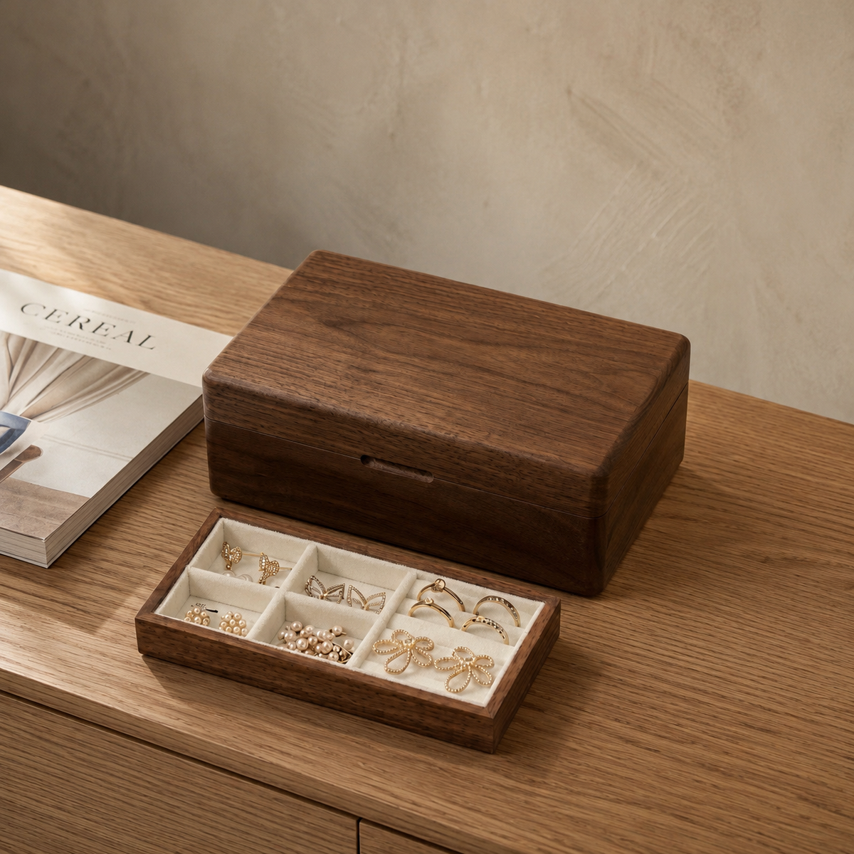 Rectangle Walnut Wood Double-Layer Jewellery Box