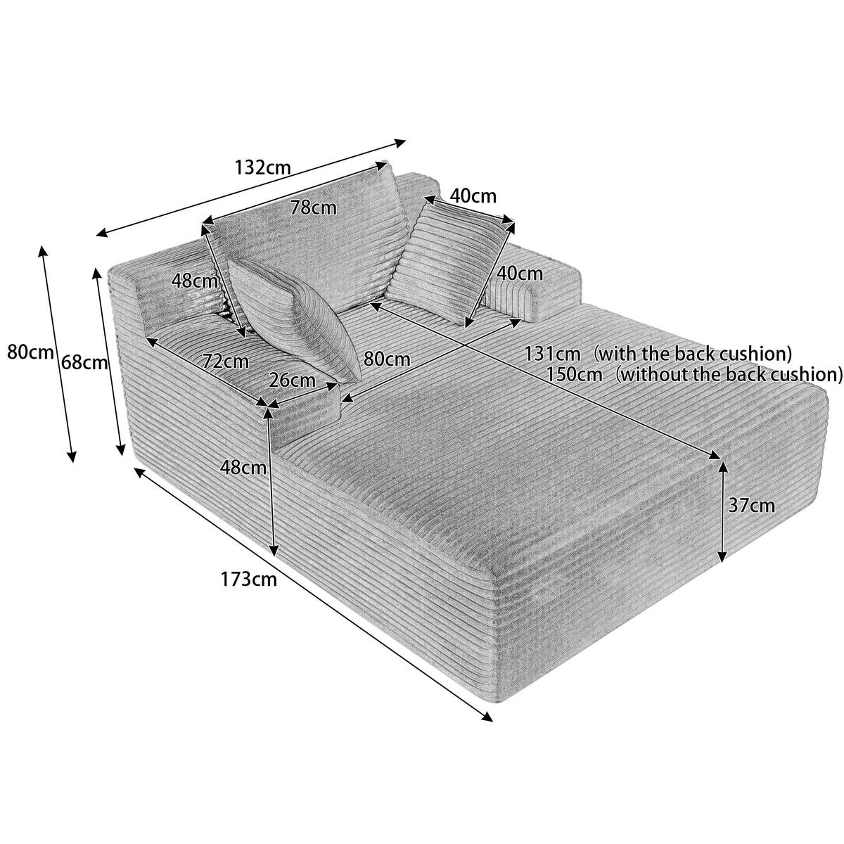 Soma Chaise Lounge Sofa – Camel Corduroy dimensions diagram 1